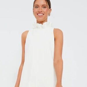 DO + BE White High Ruffled Neck Dress With Bow Tie Back Neck